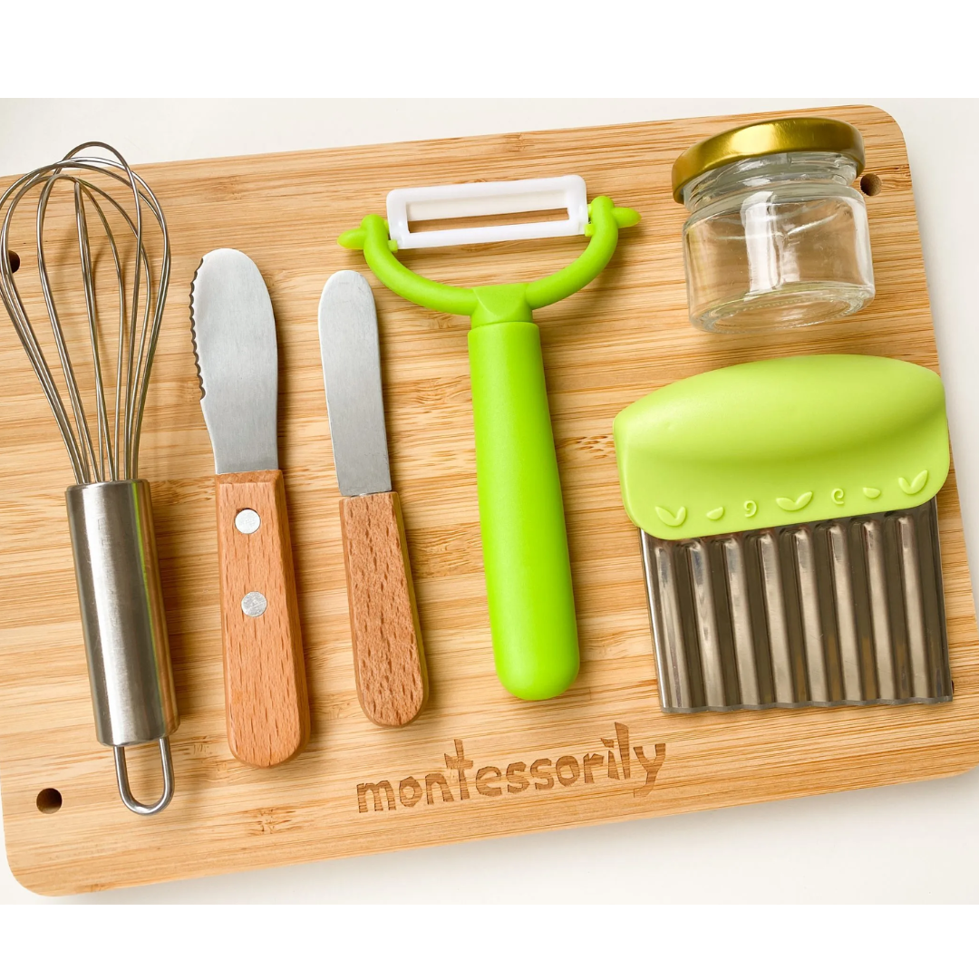 Toddler Cooking Set and Bamboo Cutting Board Combo